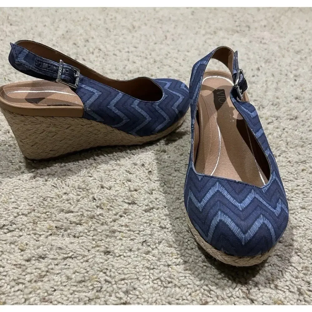 Vionic size 8 SANDALS Coralina Chevron Espadrille Slingback Wedge Aruba Blue G25